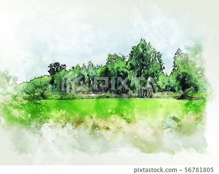 Abstract tree and field landscape watercolor paint 56781805
