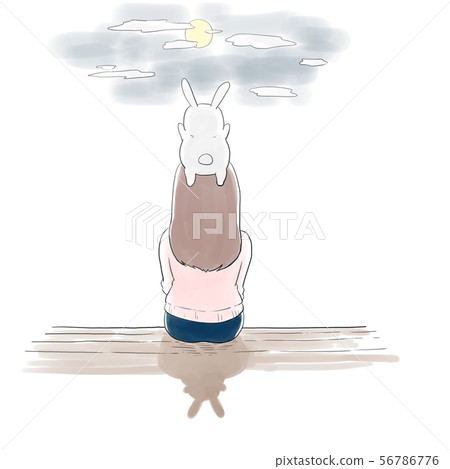 Rabbit and moon watching woman - Stock Illustration [56786776] - PIXTA