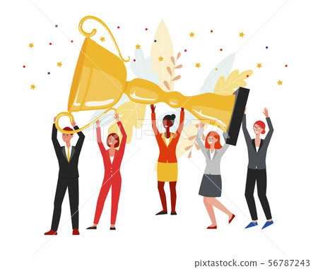 Team of colleagues holding giant golden cup trophy flat vector illustration. Team of colleagues holding giant golden cup trophy flat vector illustration. 56787243