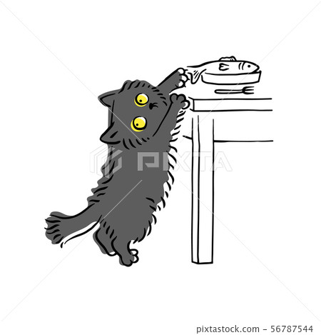 Funny grey cat stealing fish off the table and looking around 56787544