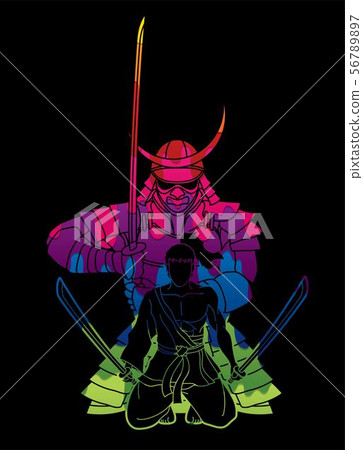 Samurai warriors with swords action cartoon vector Samurai warriors with swords action cartoon vector 56789897