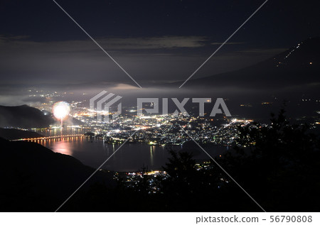 Lake Kawaguchiko fireworks display and Mt. Fuji seen from the new road Lake Kawaguchiko fireworks display and Mt. Fuji seen from the new road 56790808