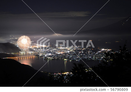 Lake Kawaguchiko fireworks display and Mt. Fuji seen from the new road Lake Kawaguchiko fireworks display and Mt. Fuji seen from the new road 56790809