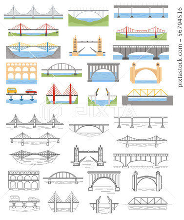 Types of bridges set. Color and linear graphic 56794516
