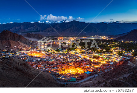 Aerial view of Leh city at night, Ladakh, India 56798287