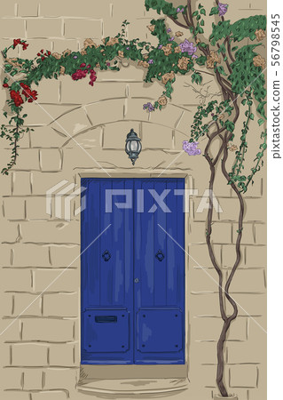 Hand drawn blue door with lamp. Stone wall with climbing tree. Home stone porch 56798545