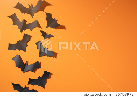 Halloween picture of black bats flying up on blank orange background. Halloween picture of black bats flying up on blank orange background. 56798972
