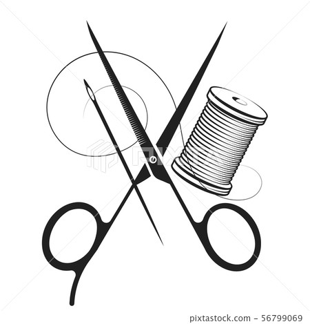 thread sewing needle centimeter scissors on a white background