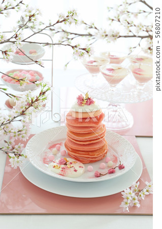 Tea time with cherry pancakes Tea time with cherry pancakes 56807210