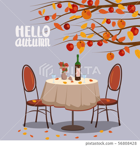 Hello Autumn Cafe Table With Wine For Two Stock Illustration 56808428 Pixta