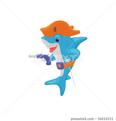 Cartoon pirate shark holding a gun, funny sea animal in full play costume wearing a hat 56810331
