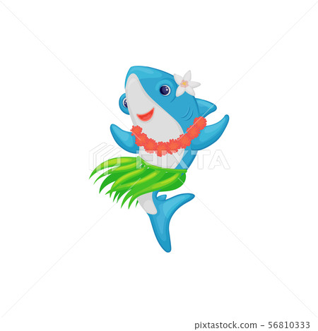 Blue shark dancing in hawaiian girls costume a flat vector illustration isolated. Blue shark dancing in hawaiian girls costume a flat vector illustration isolated. 56810333