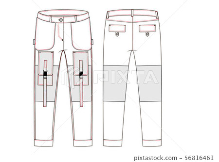 Cargo pants with large side pockets technical sketch. Front and back views - Vektorgrafik 56816461