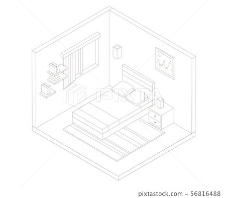 Isometric Bedroom Outline Illustration. Vector - Stock Illustration 