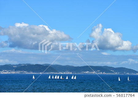 遊艇與漂浮在深藍色的大海中的白色風帆 56817764