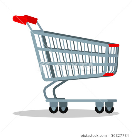 Empty supermarket chrome metal trolley cart with wheels for goods isolated on white background 56827784
