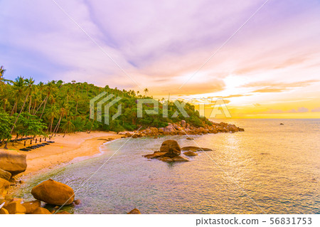 Beautiful outdoor tropical beach sea around samui island with coconut palm tree and other at sunset time Beautiful outdoor tropical beach sea around samui island with coconut palm tree and other at sunset time 56831753