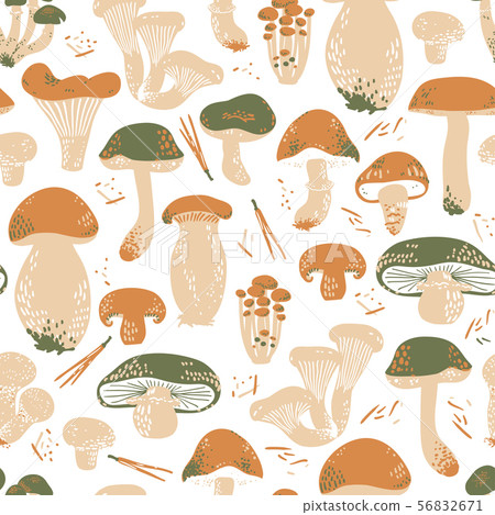 Edible Mushrooms seamless pattern. Linocut old style. Hand drawn vector illustration. 56832671