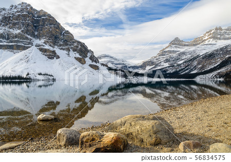 Bow Lake with Rocky mountain reflection in Banff 56834575