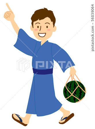 指向微笑西瓜的Yukata男性 56839064