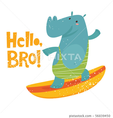 Cute surfing hippo vector image with lettering 56839450