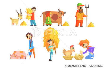 People Working on Farm Set, Cheerful Farmers Caring, Feeding and Milking of Domestic Farm Animals 56840662