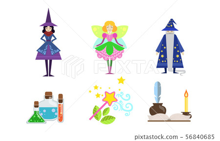 Fairytale Fantasy Characters with Magical Equipment Set, Witch, Fairy, Sorcerer, Potion, Magic Wand 56840685