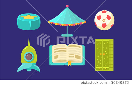 Kid Toys and Baby Care Supplies Set, Child Belongings, Ball, Umbrella, Rocket, Book, Cupboard Vector 56840873