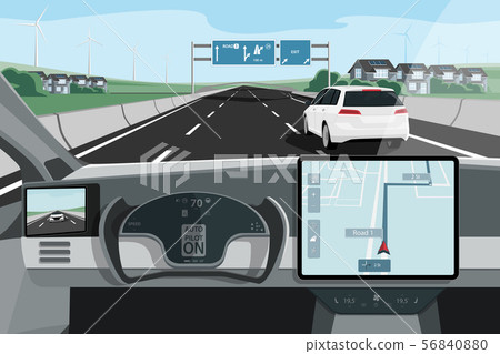 Self driving car with head up display on a road 56840880