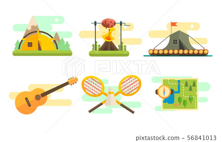 Tourist Equipment Set, Camping Elements, Bonfire, Tourist Tent, Raft, Crossed Badminton Rackets 56841013