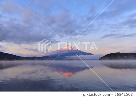 晨霧朦朧的山中湖和倒富士 56841508