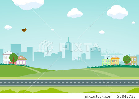 Suburb with road against the background of a city 56842733