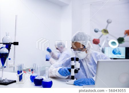 Scientist in modern research laboratory adjusting her microscope 56843055