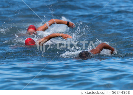 Group people in wetsuit swimming at triathlon 56844568