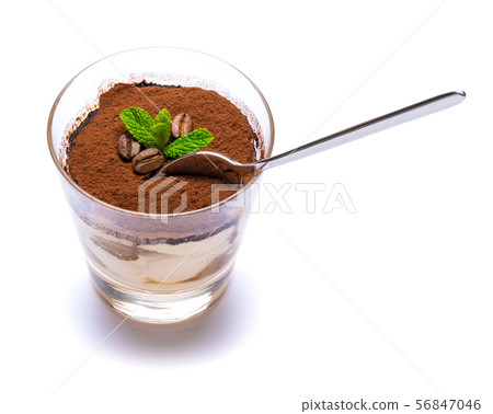 Classic tiramisu dessert in a glass cup on the plate on white background with clipping path Classic tiramisu dessert in a glass cup on the plate on white background with clipping path 56847046