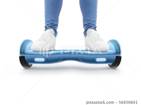 Man stand on blue hyro scooter isolated Man stand on blue hyro scooter isolated 56850601