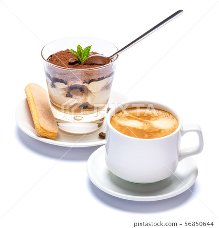 Classic tiramisu dessert in a glass cup, savoiardi cookies and coffee beans on white background with Classic tiramisu dessert in a glass cup, savoiardi cookies and coffee beans on white background with 56850644
