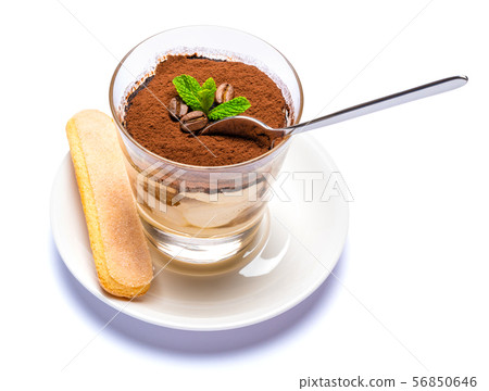 Classic tiramisu dessert in a glass cup on the plate on white background with clipping path Classic tiramisu dessert in a glass cup on the plate on white background with clipping path 56850646