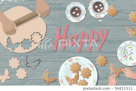 Happy holiday preparing cookies. Teaching how to make flower shape cutting dough kid hands. Rolling 56851311