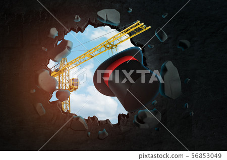 3d rendering of hoisting crane carrying tophat with red ribbon which is breaking through black wall 56853049