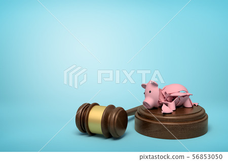 3d rendering of pieces of broken piggy bank lying on sounding block with gavel beside on light-blue 56853050