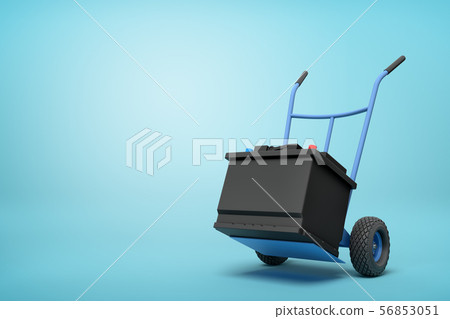 3d rendering of blue hand truck with black accumulator box on top on light-blue background with copy 56853051