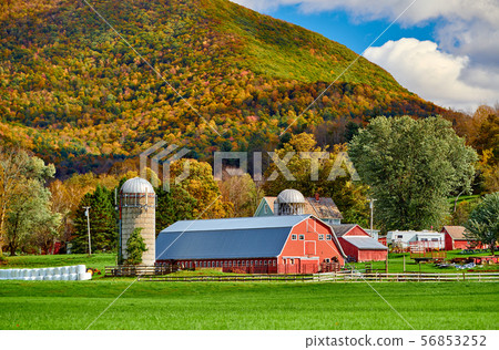 Farm with red barn and silos in Vermont 56853252