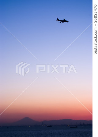 Jet passenger plane and Mount Fuji 56853470