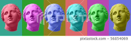 Six colorful gypsum copy of ancient statue Venus head isolated on a multicolors background. Zin art. Six colorful gypsum copy of ancient statue Venus head isolated on a multicolors background. Zin art. 56854069