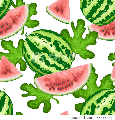 Seamless pattern with watermelon and green leaves - Stock Illustration ...
