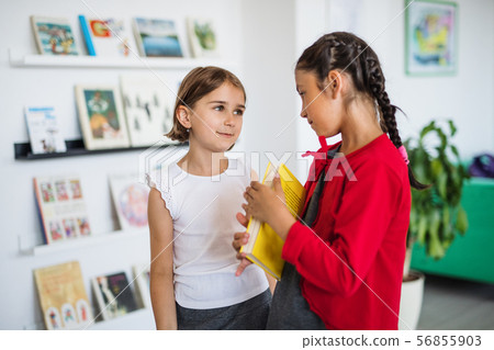 Two small school girl friends standing at school, talking. 56855903