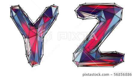 Realistic 3D letters set Y, Z made of low poly style. Collection symbols of low poly style red color 56856886