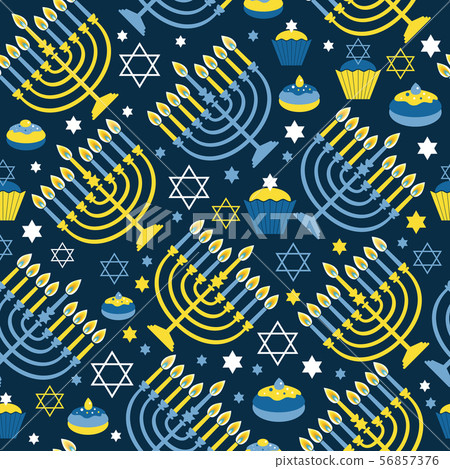 Happy Hanukkah print Background with Menorah, David Star and . Seamless pattern on dark. Happy Hanukkah print Background with Menorah, David Star and . Seamless pattern on dark. 56857376