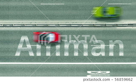 Aerial top down view of the road with cars revealing Amman caption. Car travel in Jordan 3D 56859662
